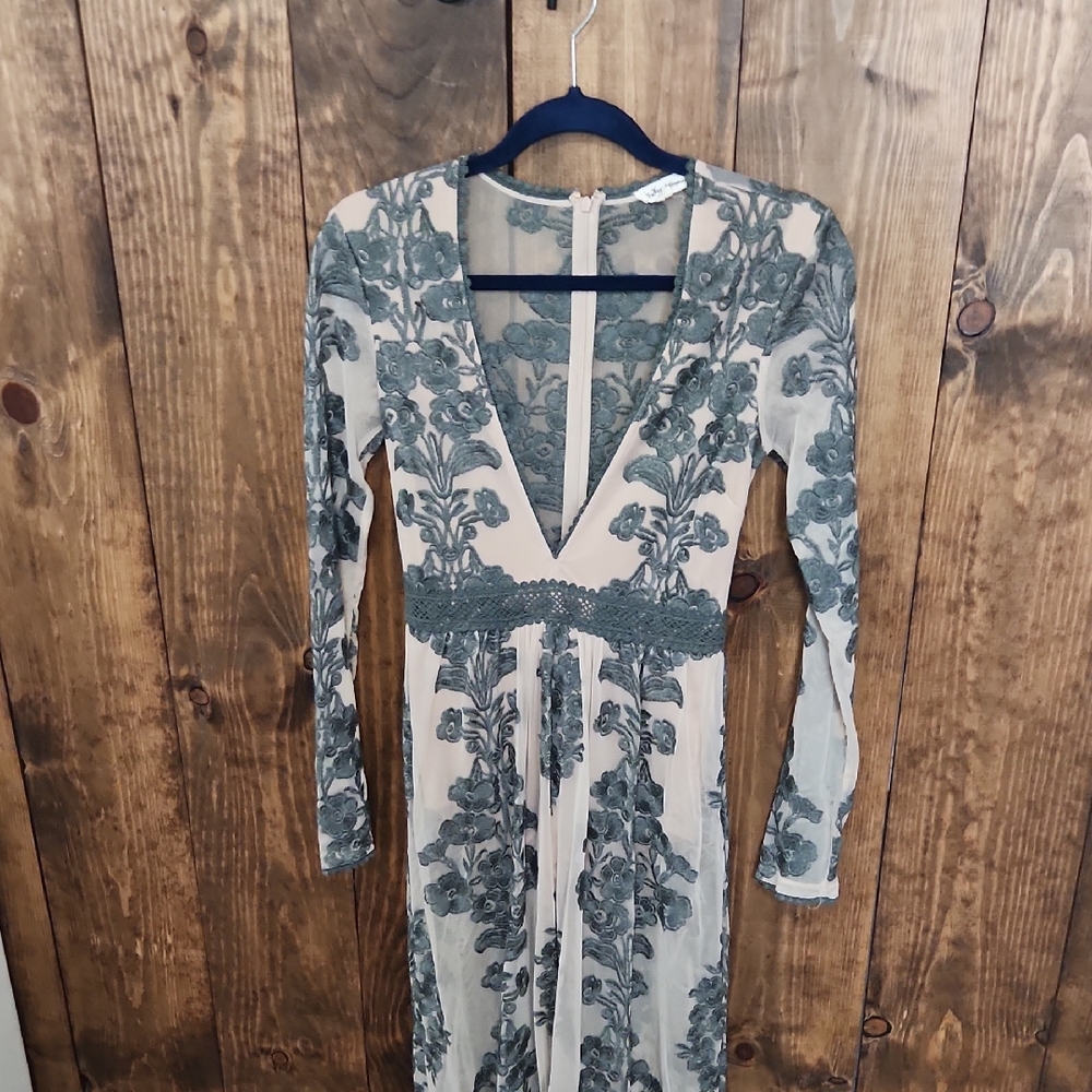 For Love And Lemons Blue and White Bodycon Dress Long Sleeve Plunge